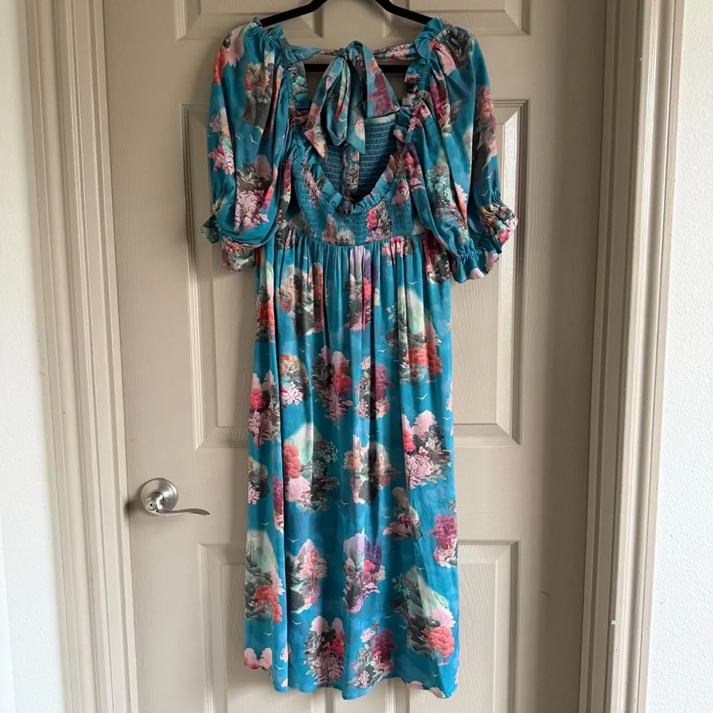 Anthropologie puff sleeve smocked midi dress size Small - Picture 7 of 11